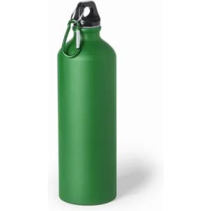 A drink bottle in a bright green colour with a black cap and a carabiner attached.