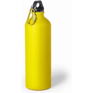 A drink bottle in bright yellow with a black lid and a silver carabiner attached. Features a smooth finish.