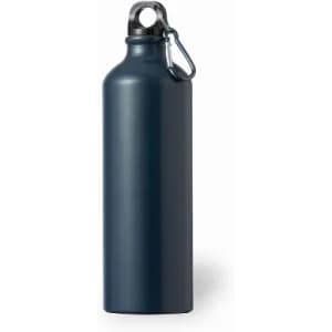 A drink bottle in dark blue with a black top and a metal carabiner. It features a smooth finish and a cylindrical shape.