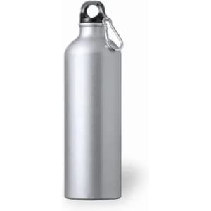 A drink bottle in silver with a black cap and a metal carabiner. The bottle has a sleek design and a logo.
