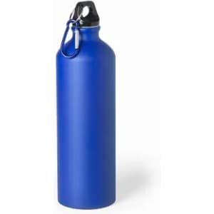 A drink bottle in a vibrant blue colour with a black cap and a metal clip. It features a logo on the side.