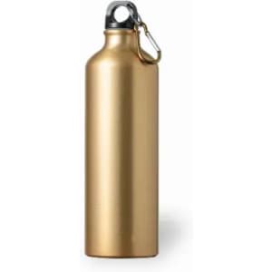 A drink bottle in a shiny gold finish, featuring a metal carabiner and a screw-top lid.