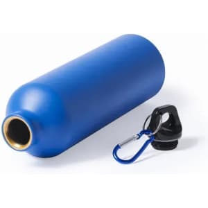 A drink bottle in a vibrant blue colour with a black cap and a carabiner attached. It has a sleek, rounded design.