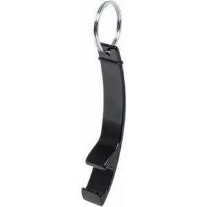 A keyring bottle opener in sleek black with a curved design for easy gripping. It features a shiny metal keyring.