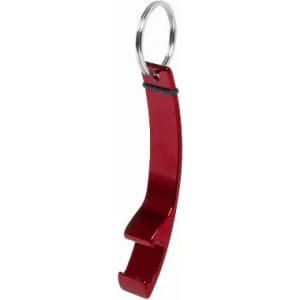 A drink bottle opener in red, featuring a curved design and attached keyring.