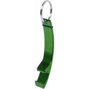 A green metal bottle opener with a keyring attachment. The item has a sleek, curved design.