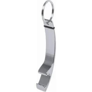 A metal bottle opener in a sleek chrome finish, featuring a keyring attachment for easy carrying.
