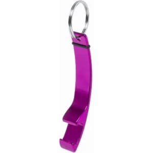 A purple bottle opener with a keyring attachment, featuring a sleek, curved design.