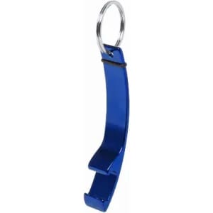 A bottle opener keychain in a vibrant blue colour with a metal keyring attachment.