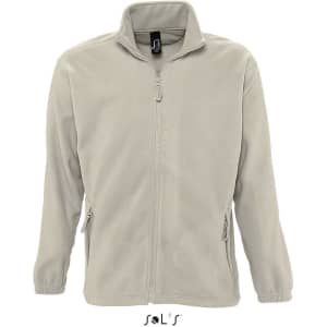 A zipped fleece jacket in a light grey colour with side pockets and a stand-up collar. It features a logo.