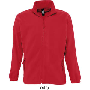 A red zipped fleece jacket with a high collar and side pockets, featuring a logo on the chest.