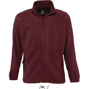 A maroon zipped fleece jacket featuring a collar and two side pockets, with a logo on the interior.