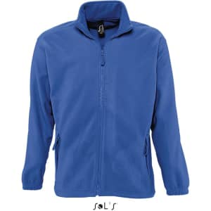 A zipped fleece jacket in a vibrant blue colour with a high collar and side pockets. Features a logo.