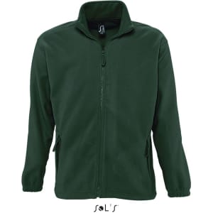 A zipped fleece jacket in dark green with side pockets and a high collar. It features a branded logo.