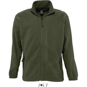 A men's zipped fleece jacket in an olive green colour, featuring two side pockets and a stand collar.