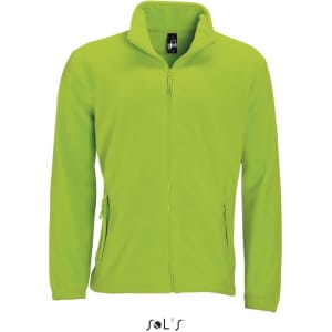 A zipped fleece jacket in vibrant lime green with side pockets and a high collar. Features a brand logo.