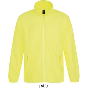 A bright yellow zipped fleece jacket with side pockets and a collar, featuring a logo on the inner label.