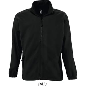 A zipped fleece jacket in black with side pockets and a collar, featuring a brand logo.