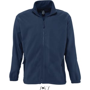 A navy zipped fleece jacket featuring a high neck and side pockets, with a small logo on the interior.