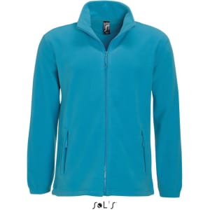 A zipped fleece jacket in a vibrant turquoise colour, featuring two side pockets and a stand-up collar.