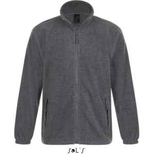 A men's zipped fleece jacket in grey with two front pockets and a high collar. It features a logo on the label.