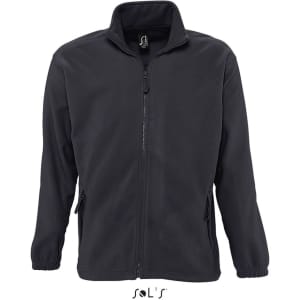 A zipped fleece jacket in black with a high collar and two side pockets. It features a logo on the inner tag.