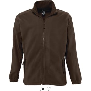 A brown zipped fleece jacket featuring a high collar and side pockets, with a logo on the label.