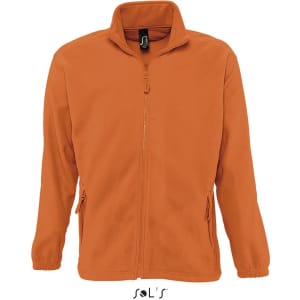 An orange zipped fleece jacket featuring a stand-up collar and side pockets, with a logo on the chest.