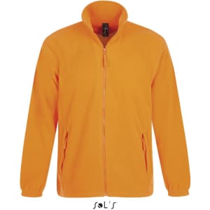 An orange zipped fleece jacket with a high collar and two side pockets, featuring a logo on the front.