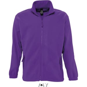 A purple zipped fleece jacket with a high collar and side pockets, featuring a logo on the chest.