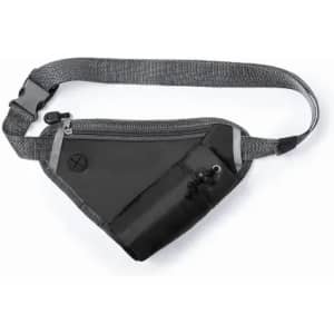 A black utility waist bag with a grey strap, featuring a zippered compartment and a small attached clip.