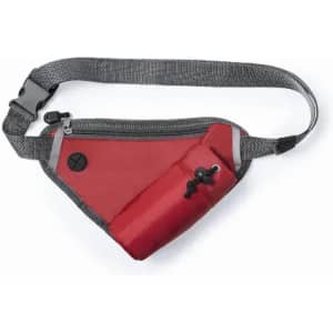 A red and grey crossbody bag with a zipper, adjustable strap, and a small clip for accessories.