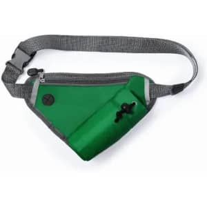 A green waist pouch with a grey strap, featuring a zippered compartment and a small toggle closure.
