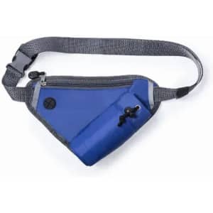 A blue canvas waist bag with a grey strap and a small side pocket. It features a button and a toggle closure.