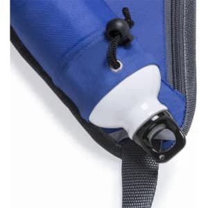 A blue drink bottle with a white nozzle, secured in a grey pouch with a drawstring.