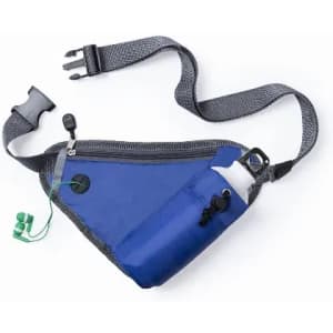 A drink bottle holder in blue with a strap and compartments for additional items. Features a logo on the exterior.