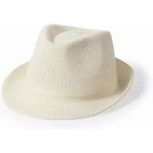 A white fedora hat made of woven material, featuring a slightly tapered crown and a wide brim.