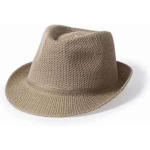 A tan straw fedora hat with a wide brim and a textured weave design.