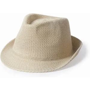 A straw fedora hat in a light beige colour, featuring a textured woven design. It has a wide brim and a stylish shape.