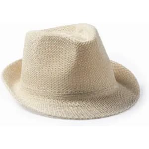 A straw fedora hat in a light beige colour, featuring a wide brim and textured design. It has a logo on the side.