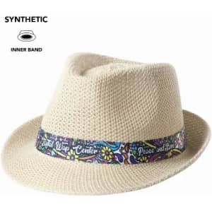 A beige straw hat featuring a patterned band with vibrant colours and a logo.