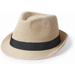 A beige fedora hat with a black band, featuring a textured weave design. It has a classic shape and style.