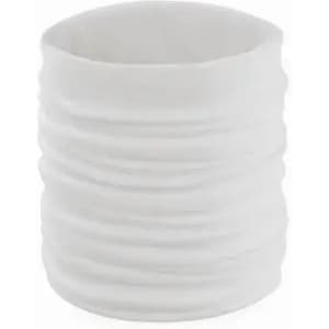 A drink bottle in white with a textured, ribbed design and a simple, modern shape. It has a logo on the side.