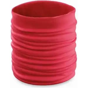 A red multi-purpose fabric item with a textured, gathered appearance. It features a logo on the side.