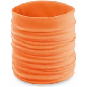 An orange multifunctional neck tube, featuring a gathered, stretchy fabric design.