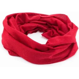 A red scarf displayed in a circular, wrapped formation. The fabric appears soft and lightweight.