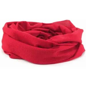 A red multi-use fabric scarf is displayed, featuring a soft and stretchy design. It has no visible branding.