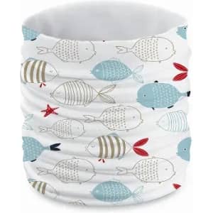 A multi-use neck gaiter featuring a pattern of light blue and grey fish on a white background.