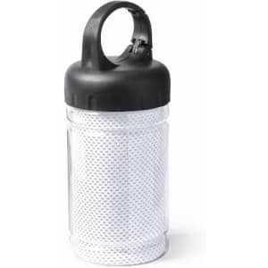 A drink bottle with a black lid and a white, textured body, featuring a handle for carrying.
