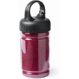 A drink bottle with a transparent body featuring a red pattern and a black cap with a handle.
